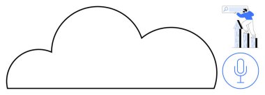 Veri araması, büyüteç ve mikrofon ikonu için bar çizelgeleri hazırlayan büyük bir bulut çizgisi. Teknoloji, veri, arama, ses teknolojisi, bulut depolama analizi yeniliği için ideal. Basit düz