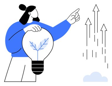 İçinde ağaç filizi olan ampulü tutan kadın, yükselen okları işaret ederek yenilik ve büyümenin sinyallerini veriyor. Sürdürülebilirlik, eko-farkındalık, yenilik, liderlik, ilerleme, strateji için ideal