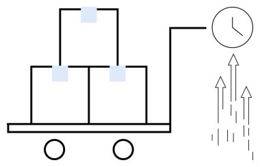 Yığılmış kutuları taşıyan araba, ilerleyen oklar ve saatlerle hızlı teslimi simgeler. Nakliye, lojistik, verimlilik, büyüme, yenilik, yönetim ve verimlilik için ideal. Basit düz metafor