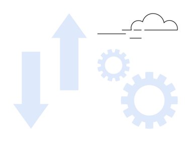 Mavi oklar, dişliler ve bulut grafikleri hareket, ilerleme ve işbirliği olduğunu gösteriyor. İş süreci, büyüme, iş akışı yenilik teknolojisi ekip çalışması stratejisi için idealdir. Basit düz metafor