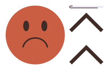 Hüzünlü turuncu surat, iki yükselen ok ve ince çizgi olumsuz duyguları, dönüşümü ve kişisel ilerlemeyi akla getiriyor. Değişim, motivasyon, geçiş, destek psikolojisi için ideal