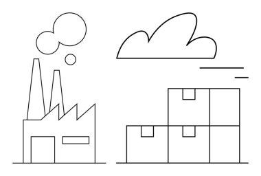 Duman yayan bacaları olan ve çok az bulut detayı ile vurgulanan organize kutuları olan bir fabrika. Sanayi üretimi, lojistik, tedarik zinciri, imalat, dağıtım, depolama için ideal