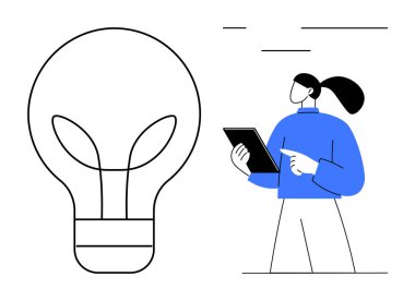Elinde tablet olan kadın, yeniliği temsil eden ampulün yanındaki fikirlere işaret ediyor. Yaratıcılık, teknoloji, eğitim, beyin fırtınası, öğrenme, sürdürülebilirlik, basit iniş sayfası için ideal