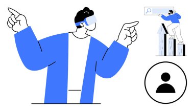 VR kulaklık takan bir adam, daha küçük bir figür büyüme okları üzerinde büyüteç simgesi kullanıyor, profil çemberi. Teknoloji, yenilik, ilerleme, veri, keşif analitik vizyonu için idealdir. Basit.