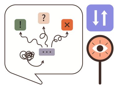 Karmaşık çizgileri olan konuşma balonu, sembollere giden oklar, göz ve oklu x büyüteç. Sorun çözme, karar verme, analiz, strateji, navigasyon iletişimi için ideal