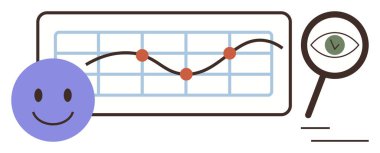 Veri noktalarından geçen bir grafiğin yanında mutlu yüz. Büyüteç gözün içindeki işaretleri gösterir. Analiz, veri eğilimleri, geri bildirim, başarı izleme ve değerlendirme için ideal
