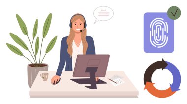 Masadaki kadın kulaklıkla, bilgisayarla, defterle, parmak iziyle, çalışma döngüsüyle, bitkilerle konuşuyor. Müşteri desteği, teknoloji, iletişim veri güvenliği iş akışı dijital kimlik basitliği için ideal