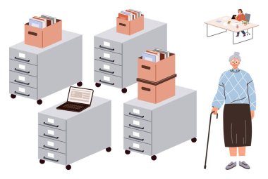 Dizin ve dizüstü bilgisayarlı dosya dolapları organizasyon, yönetim ve verimliliği vurguluyor. Yaşlı kadın ve masa, arşivleme, yaşlanma, çalışma alanı, azalma ve takım çalışmasına odaklanıyor