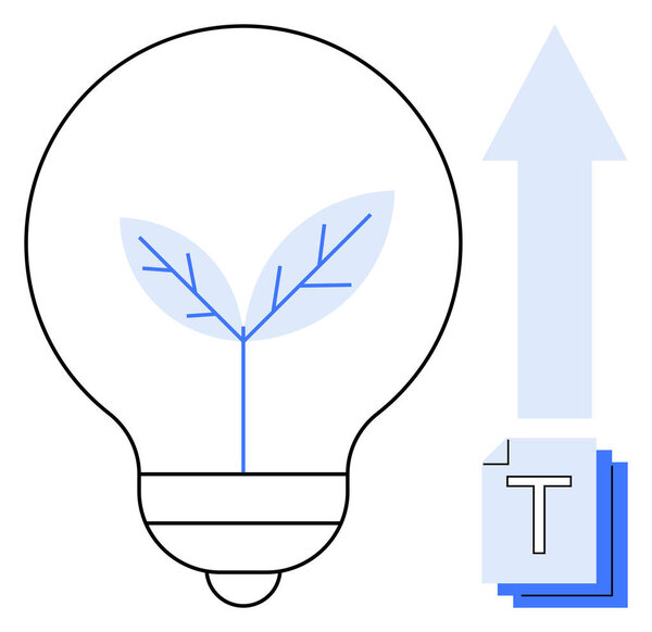 Лампочка с растением, растущим внутри, символизирующим устойчивость, стрелка, указывающая вверх, означающая прогресс, сложенные бумаги или документы, иллюстрирующие знание. Идеально подходит для творчества, инноваций