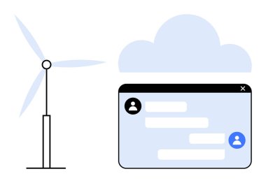 Rüzgar türbini bir bulut yanında ve metin baloncukları ve kullanıcı avatarları ile sohbet penceresi. Sürdürülebilirlik, yenilenebilir enerji, çevre dostu teknoloji, çevrimiçi etkileşim, bulut hesaplama, dijital