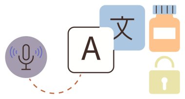Dil ve çeviri bloklarına bağlı mikrofon, ilaç kutusu ve asma kilit. İletişim, çok dilli araçlar, sağlık, mahremiyet, erişilebilirlik, yenilik eğitimi için ideal
