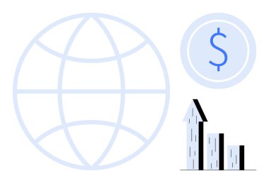 Dolar sikkesi ve yükselen bar tablosuyla dünya küresel ekonomiyi, finansal büyümeyi ve eğilimleri sembolize ediyor. Finans, ekonomi, iş stratejisi, analitik, veri eğilimleri ve başarı için ideal