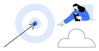 Oklu hedef, elinde tablet tutan kadın, bulut. Ticari hedef belirleme, karar verme, stratejik planlama, bulut hesaplama, takım çalışması, liderlik vizyonu sade iniş sayfası için ideal