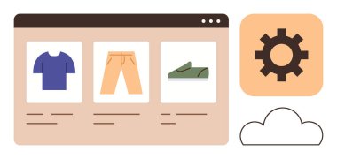 Çevrimiçi arayüz, tişört, pantolon ve ayakkabı kategorilerini vites dişlisi ve bulutun yanında gösteriyor. E-ticaret, web sitesi tasarımı, perakende, çevrimiçi alışveriş, teknoloji kurulumu, bulut depolama basit dairesi için ideal