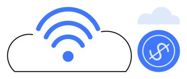 Kablosuz sinyali olan bulut bağlantı, dolar işareti olan para ve büyümeyi temsil eden bulut. Teknoloji, yenilik, finans, bağlantı, bulut çözümleri ve veriler için ideal