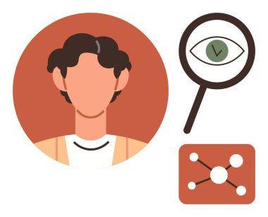 Çemberde yüzsüz bir avatar, büyüteç altında bir göz, ağ şeması. Veri gizliliği, analitik, araştırma, gözetleme, kullanıcı davranışı siber güvenlik ve anonimlik için ideal. Minimalist daire