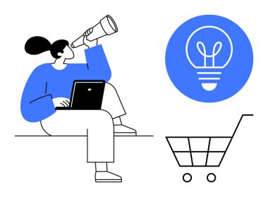 Dizüstü bilgisayar üzerinde çalışırken teleskop kullanan bir kadın, keşif, fikir ve e-ticaret konularını vurguluyor. Yaratıcılık için ideal, çevrimiçi alışveriş, yenilik, iş stratejisi, araştırma keşfi basit