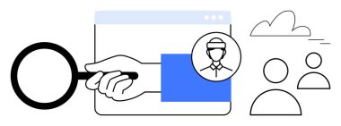 Bir tarayıcı üzerinde el ele tutuşan büyüteç, kullanıcı profili soyut izleyici simgeleri ve bulutları vurguluyor. İşe alım, araştırma araçları, kullanıcı analizi, dijital kimlik, iş arama, veri