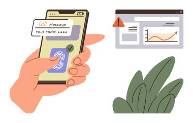 Parmak izi taraması ve kod doğrulaması ile akıllı telefonun kilidini el açar, web sitesi vurgulama uyarısı yapar. Güvenlik, kimlik denetimi, alarmlar, teknoloji, veri koruması, dijital mahremiyet için ideal