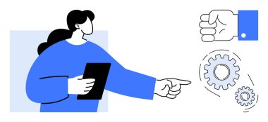 Tabletli bir kadın hareket halindeki dişlilere ve sıkılmış yumruklara bakıyor. Takım çalışması, karar verme, iş stratejisi, liderlik, yenilik, planlama, ilerleme için ideal. Basit düz metafor