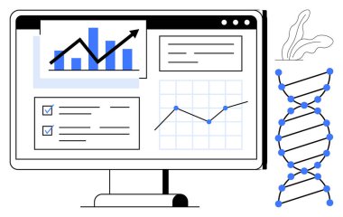 Bilgisayar monitörü istatistiksel grafikleri, büyüme grafiklerini ve DNA yapısıyla birlikte kontrol listesini gösteriyor. Veri bilimi, biyoteknoloji, araştırma, yenilik, analitik sağlık eğitimi için ideal. Basit.