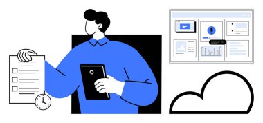 Veri içgörüsü ve bulut simgesine sahip dijital bir paneli izlerken bir kontrol listesi ve tablet tutan kişi. Üretkenlik, organizasyon, bulut hesaplama, zaman yönetimi, uzak çalışma için ideal