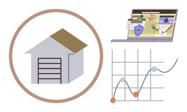 Garajlı ev, güvenlik kalkanını gösteren dizüstü bilgisayar, dağınık notlar ve bir çizgi grafiği. Gayrimenkul, piyasa analizi, çevrimiçi güvenlik, veri takibi, yatırım analizleri için ideal