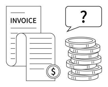 Dolar sembollü fatura kağıdı, bozuk para yığını ödeme endişelerini, bütçe sorunlarını ya da fatura soruşturmalarını temsil eden soru işareti balonu. Finans, ödeme, muhasebe, borç için ideal