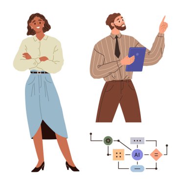 Günlük iş kıyafeti giymiş iki kişi, renkli bir akış şeması eşliğinde yapay zeka ile ilgili bir sunum yapıyor. İşbirliği, yenilik, takım çalışması, eğitim, teknoloji, yapay zeka için ideal
