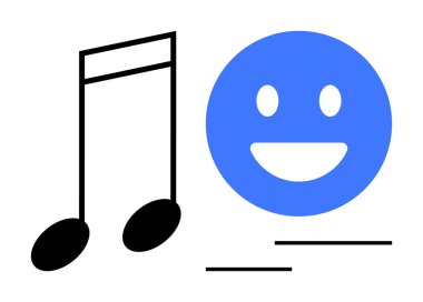 Neşeli mavi yüz, eğlenceli, olumlu ve yaratıcılığı temsil eden kalın notalarla eşleştirildi. Müzik, mutluluk, eğlence, dijital pazarlama, yaratıcı sanatlar için ideal basit grafikler