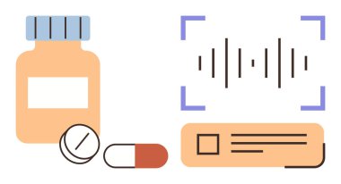 İlaç şişesi, kapsül, ses dalgası tarayıcısı ve sağlık hizmetleri, dijital izleme, akıllı reçeteler, eczane teknisyeni, ilaç, yenilik tedavisi basit bir daire.