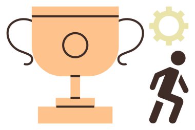 Başarıyı simgeleyen altın kupa, aksiyon için yarışan figür ve ilerleme için vites. Motivasyon, takım çalışması, rekabet, üretkenlik, amaç belirleyen liderlik için ideal. Basit düz metafor