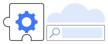 Teçhizatlı bulmaca parçası, arama çubuğu ve bulut veri entegrasyonu, kişiselleştirme ve dijital erişimi vurgular. Teknoloji, bulut hesaplama, veri yönetimi, kişiselleştirme analizleri için ideal