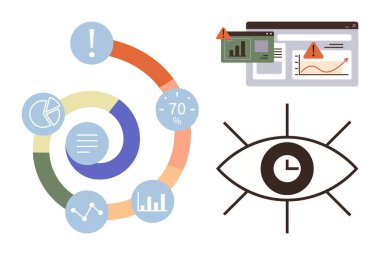 Dairesel çizelgeler, veri grafikleri ve görsel uyarılar analitikleri, ilerleme takibi ve izlemeyi vurguluyor. Veri analizi, raporlama, performans değerlendirmesi, tahmin görüşleri ve karar verme süreci için ideal