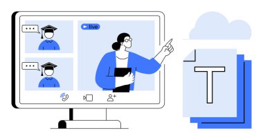 Öğrencilere video aracılığıyla sunum yapan öğretmenler, mezuniyet şapkası takan öğrenciler, paylaşılan belgeler için bulut depolama ikonu. Eğitim, e-öğrenim, işbirliği, webinarlar, öğretmenlik, uzaktan eğitim için ideal