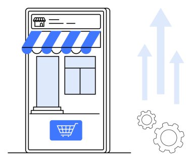 Akıllı telefon vitrininde çizgili tente ve alışveriş arabasının düğmeleri ve büyüme okları ve dişlilerin yanında sergileniyor. E-ticaret, dijital pazarlama, iş büyümesi, çevrimiçi alışveriş ve yenilik için ideal
