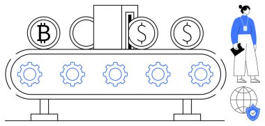 Vites taşıma bandındaki döviz sembolleri, doktoru tutan profesyonel kadın, küresel ağ, kalkan ikonu. Engelleme zinciri, kripto para birimi, fintech, otomasyon güvenlik ekonomisi verimliliği için ideal. Basit.