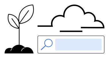 Bulut ve arama çubuğunun yanında filizlenen bitki büyümeyi, dijital araçları ve sürdürülebilirliği gösteriyor. Teknoloji, yenilik, çevre, iş stratejisi, bulut hesaplaması ve dijital için ideal