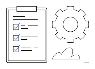 Kontrol listeli pano, sistem optimizasyonu için vites ve dijital teknoloji için bulut. Üretkenlik, proje planlaması, iş akışı, organizasyon, otomasyon, strateji için ideal
