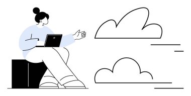 Dizüstü bilgisayarlı bir kadın bulutlara doğru hareket ediyor. Teknoloji için ideal, uzak çalışma, bulut hesaplama, yenilik, veri depolama, çevrimiçi eğitim, basit iniş sayfası