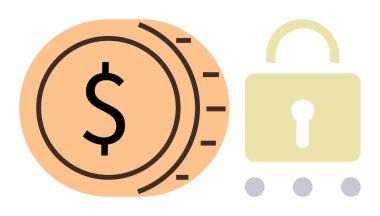 Madeni para ve asma kilit finansal koruma ve güvenliği temsil ediyor. Finans, tasarruf, yatırım, siber güvenlik, bankacılık, çevrimiçi koruma, ekonomik istikrar için ideal düz metafor