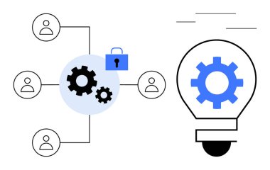 Kullanıcı simgeleri ve kilidi olan bir ağa bağlı dişliler, yeniliği sembolize eden ampullere yol açıyor. Takım çalışması, güvenlik, yaratıcılık, işbirliği, problem çözme, teknoloji, bağlantılar için ideal