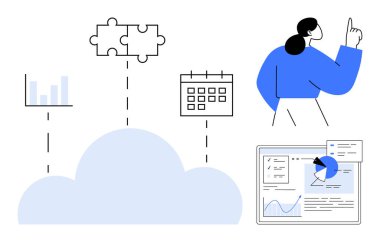 Bulut bulmaca parçaları, takvim, veri grafikleri ve gösterge paneli takım çalışması, veri işleme ve zaman yönetimine bağlı. Dijital araçlar, verimlilik, iş akışı stratejisi analizleri için ideal