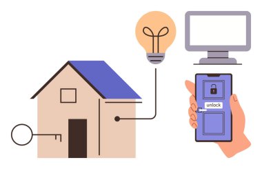 Ev, kilidi açmak için cep telefonu, enerji verimliliği için ampul ve otomasyon için bilgisayar gibi akıllı cihazlara bağlı. Ev otomasyonu, enerji kontrolü, güvenlik ve uzaktan kumanda için ideal