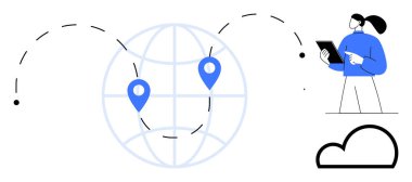 Yer noktaları olan minimalist bir küre, kesik çizgilerle bağlanmış, tablet kullanan bir kadın ve bulut. Teknoloji, ağ oluşturma, bulut hesaplama, küresel ulaşım, iletişim yeniliği için ideal basit