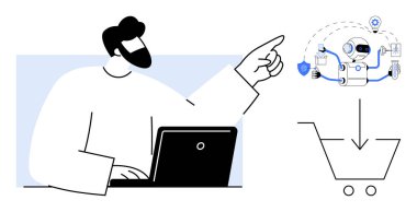 Çok işlevli bir yapay zeka robotu iş akışını, güvenliği ve alışveriş arabası fonksiyonlarını kontrol ederken profesyonel olarak dizüstü bilgisayar kullanıyor. Teknoloji, yapay zeka, e-ticaret, iş akışı, otomasyon için ideal.