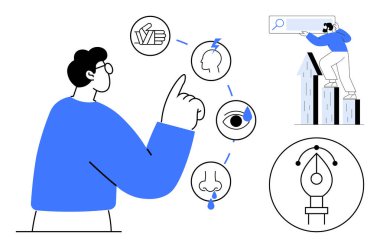 Dokunma, görme ve koklama duyusu ile ilgili simgelerle etkileşim halinde olan kişiler. Yakınlarda yaratıcılık ve analiz sembolleri, bir kalem ve arama konseptini işaret ediyor. Yaratıcılık için ideal