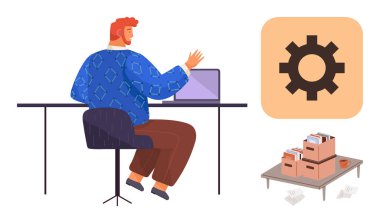 Dizüstü bilgisayarda çalışan kişi, platformdaki depolama kutuları ve yönetim, organizasyon ve verimliliği vurgulayan dişli simgesi. İş otomasyonu, ofis görevleri, veri ayarları, depolama verimliliği için ideal