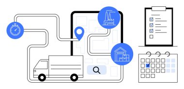 Fabrika ve depoya giden en uygun güzergahta, kronometre verimliliği, kontrol listesi ve planlama takvimini gösteriyor. Teslimat için ideal, tedarik zinciri, sevkiyat, izleme, planlama