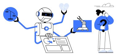 Birden fazla robot kolu olan yapay zeka robotu adaleti dengeliyor, verileri analiz ediyor, kalbi tutuyor, insan düşünürken makineleri optimize ediyor. Otomasyon, teknoloji, etik, Al-insan etkileşimi için ideal.